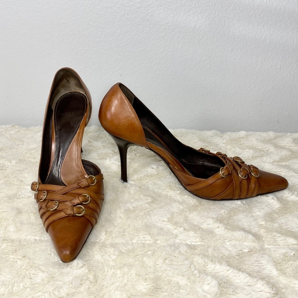 Bally Tan Leather Stilettos w/Decorative Buckles - Picture 13 of 16